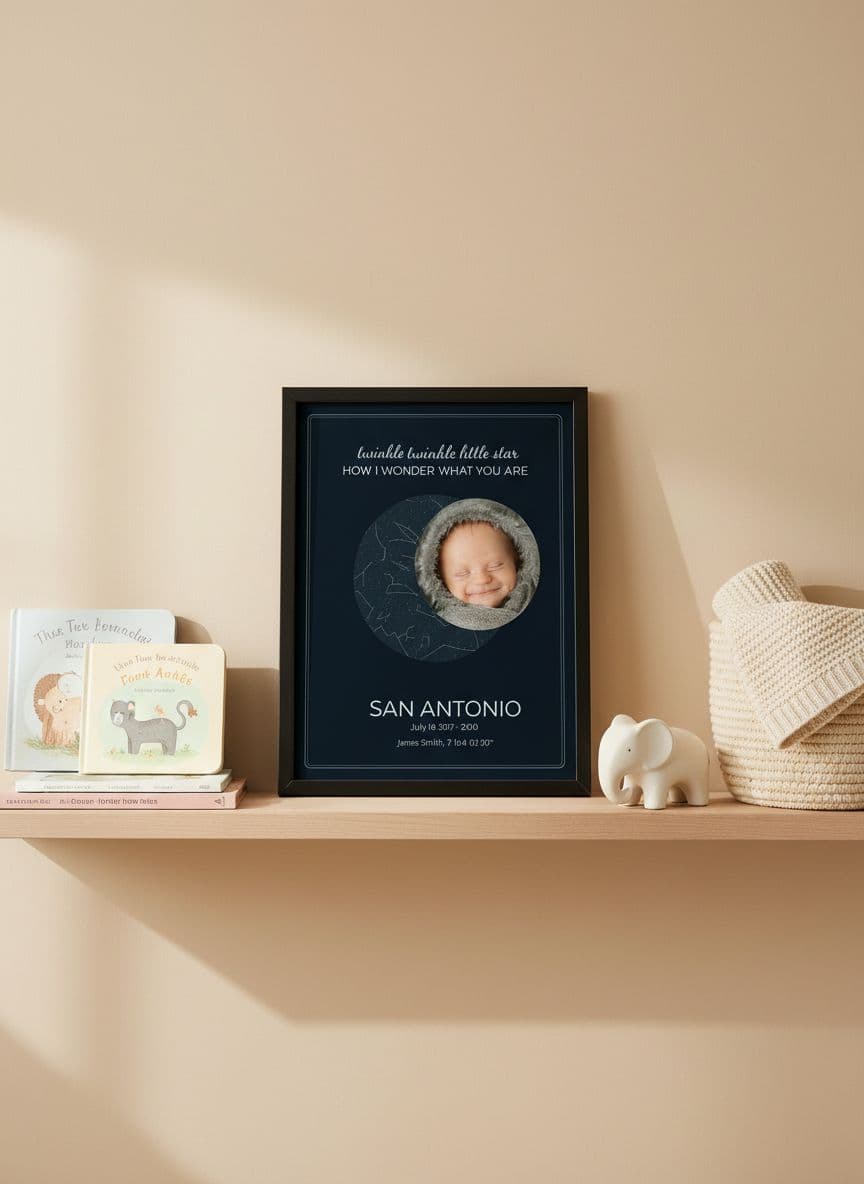 Baby announcement on shelf with keepsakes