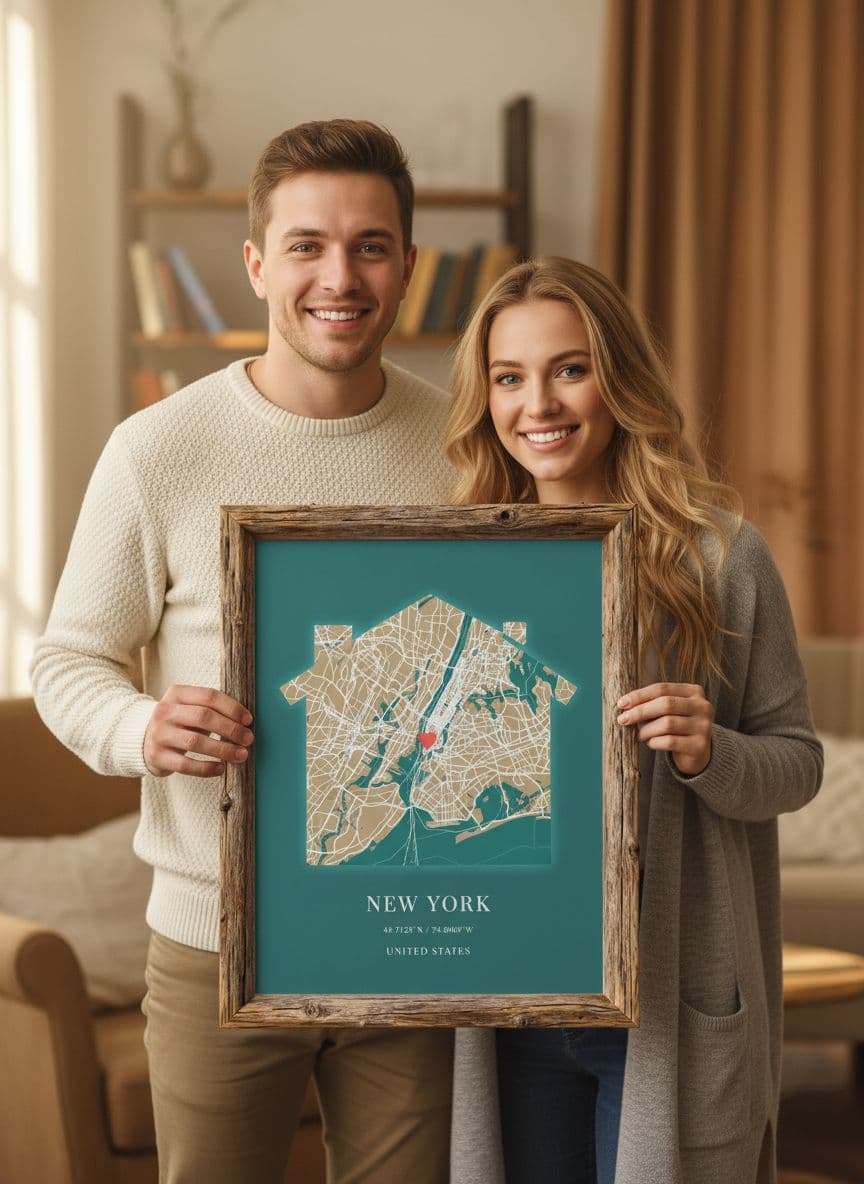 Couple holding custom anniversary map poster closeup