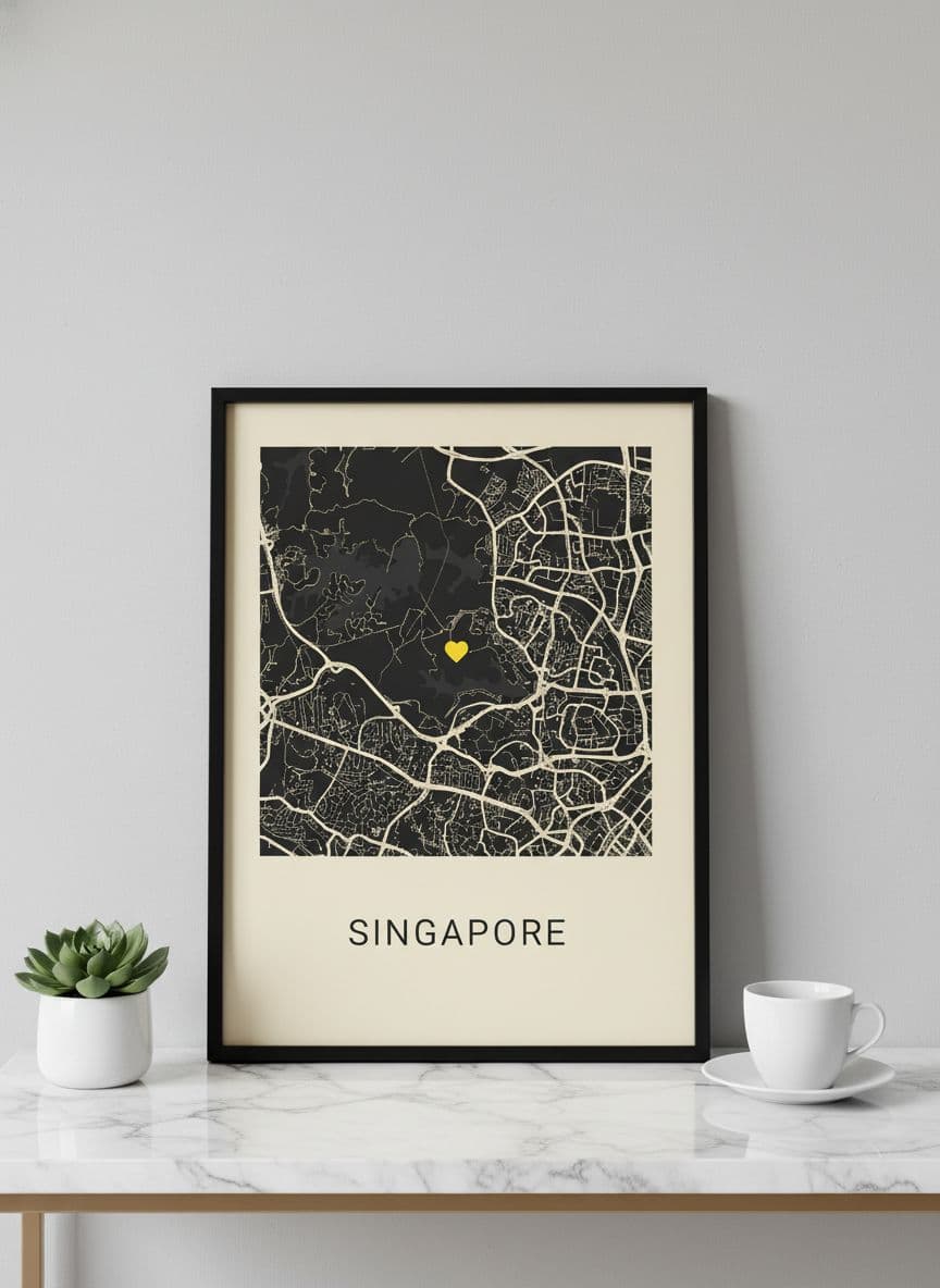 Framed location map on elegant marble table