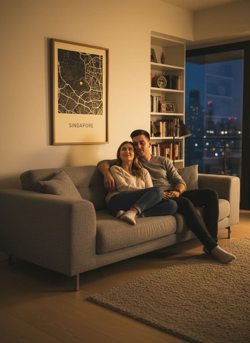 Anniversary map above sofa in living room