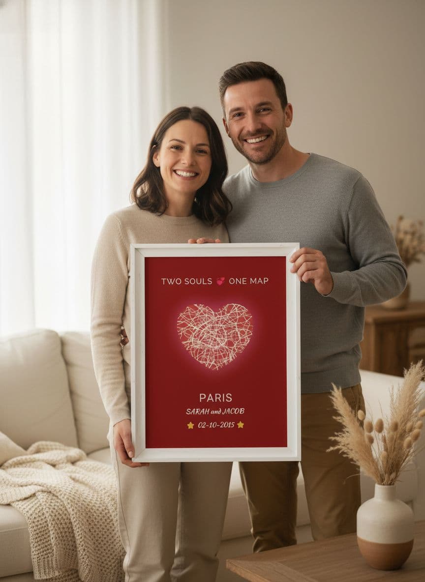Couple holding custom anniversary map poster closeup