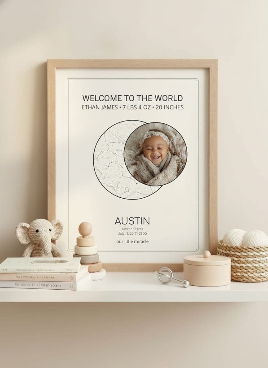 Baby announcement on shelf with keepsakes