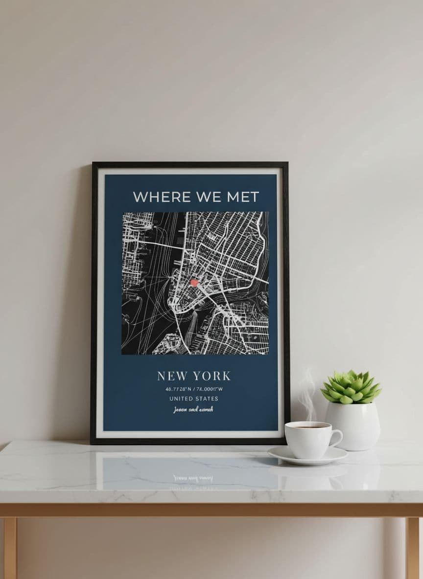 Framed location map on elegant marble table