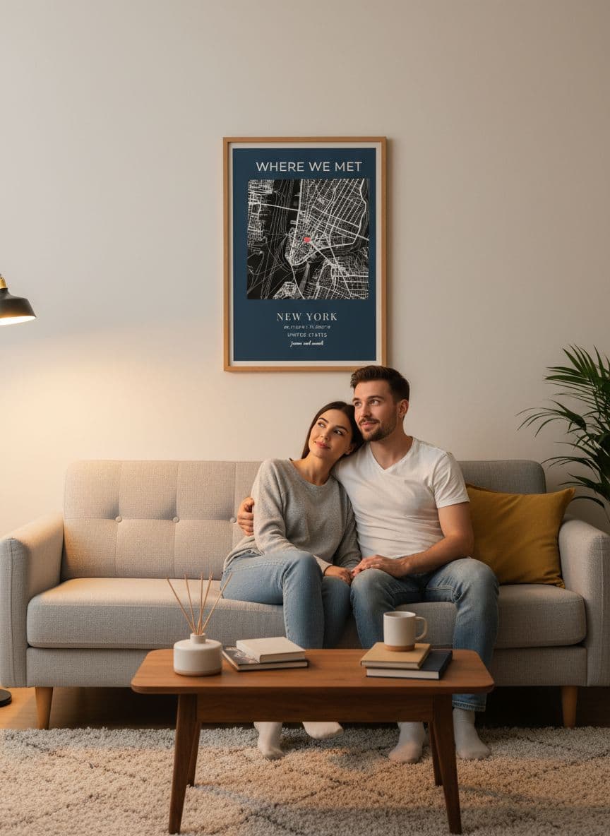 Anniversary map above sofa in living room