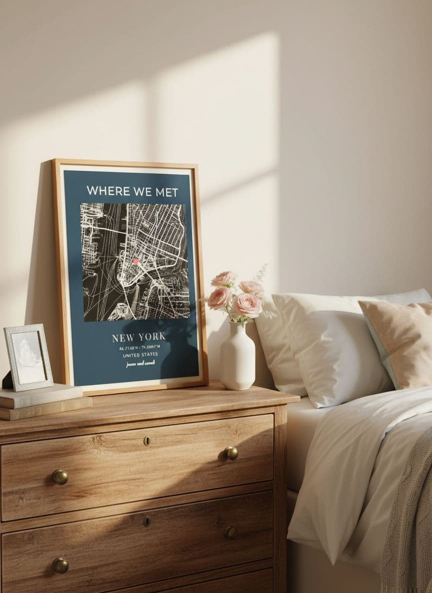 Bedroom with custom map poster in rustic frame