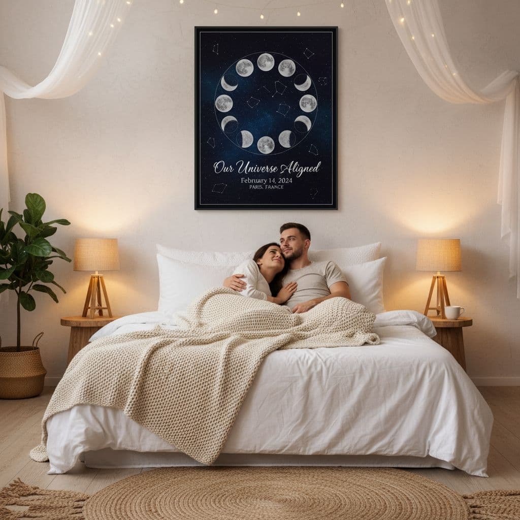 Moon phase print above bed in romantic bedroom