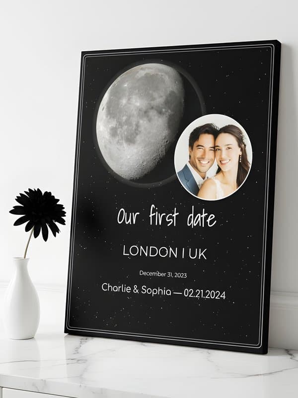 Custom Moon Phase Poster showing the exact lunar phase from your first date