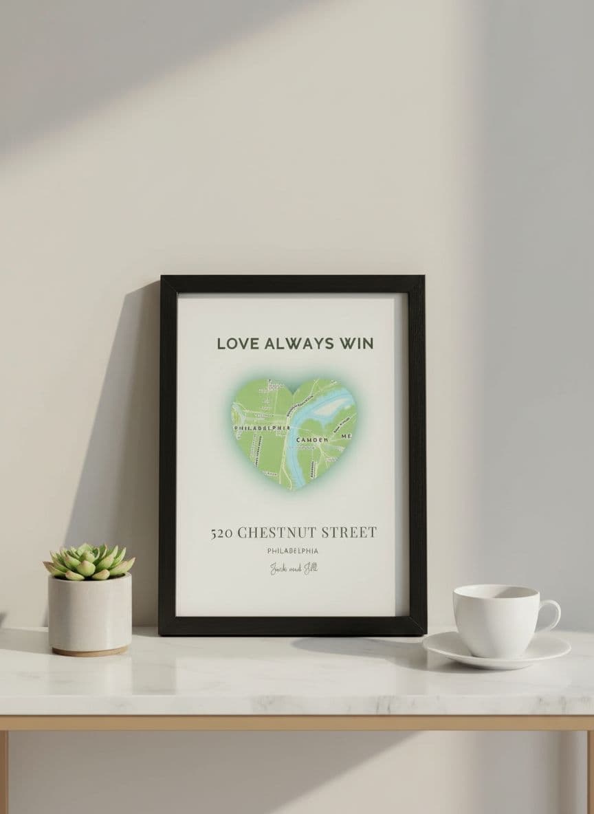 Framed heart-shaped location map on elegant marble table